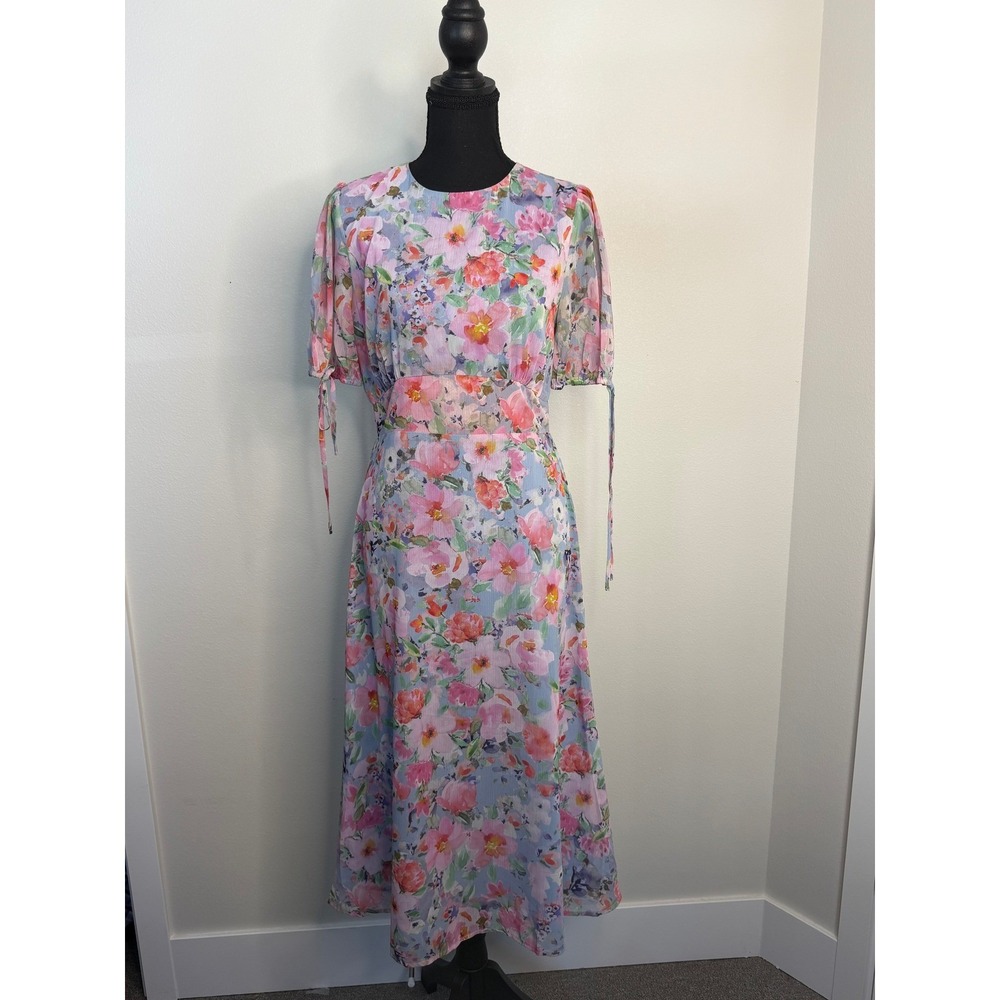 Lost + Wander Blue Floral Watercolor Midi Dress Small Puff Sleeve Tie Detail